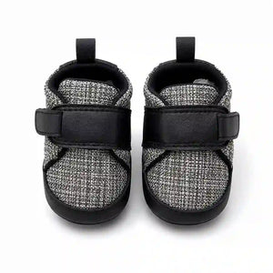 Black and grey textured strap baby shoes front view