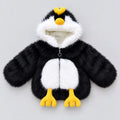 Kids black and white faux fur penguin hooded winter jacket with yellow beak, 3D penguin feet and front zipper