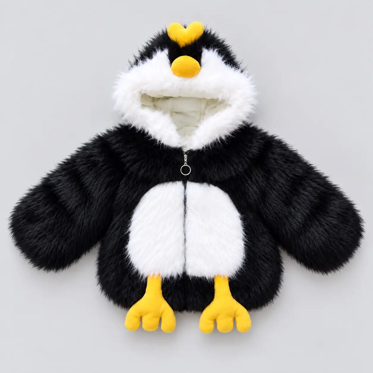Kids black and white faux fur penguin hooded winter jacket with yellow beak, 3D penguin feet and front zipper