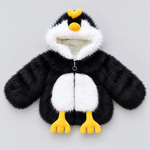Kids black and white faux fur penguin hooded winter jacket with yellow beak, 3D penguin feet and front zipper