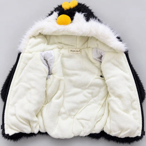Kids grey penguin hooded winter fur jacket opened to show cream fleece-style inner lining, long sleeves and zipper closure