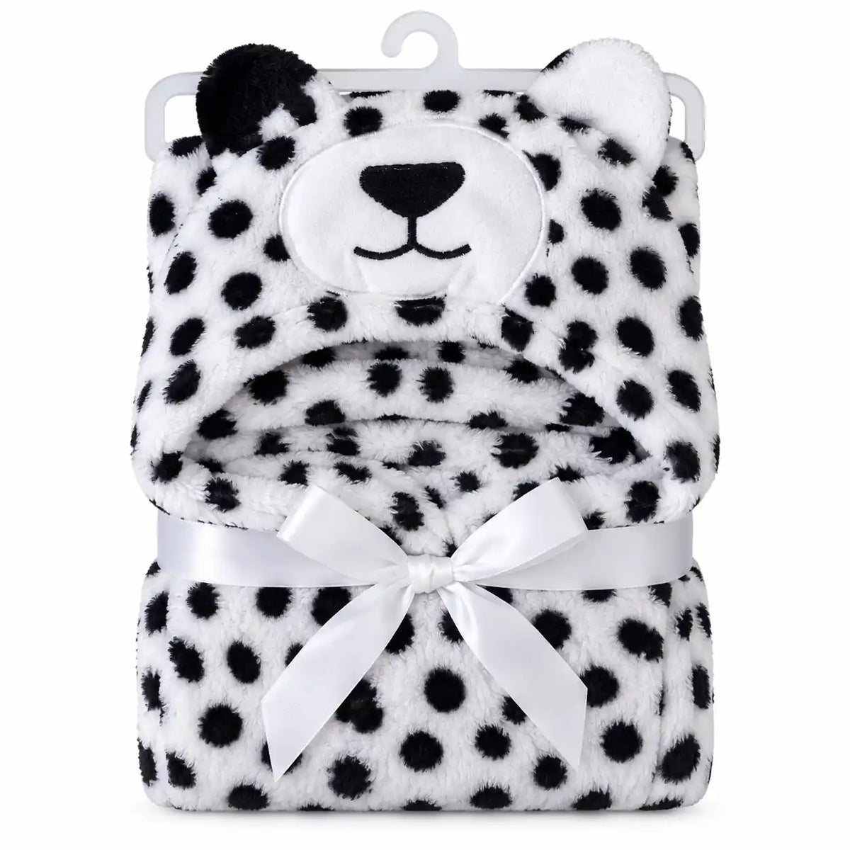 Black and white spotted bear hooded baby wrap blanket with hanger