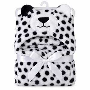 Black and white spotted bear hooded baby wrap blanket with hanger