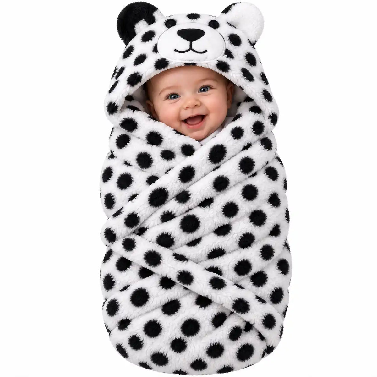 Black and white spotted bear hooded baby wrap blanket for newborn baby
