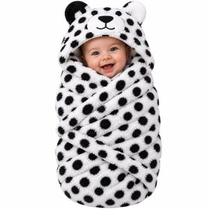 Black and white spotted bear hooded baby wrap blanket for newborn baby
