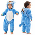 Blue character hooded fleece romper jumpsuit front and back view