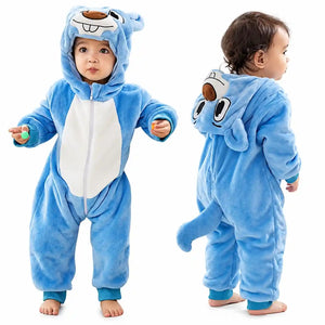 Blue character hooded fleece romper jumpsuit front and back view