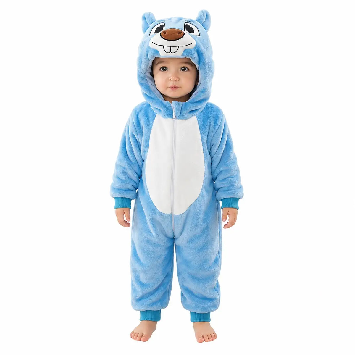 Blue animal character winter fleece romper jumpsuit front view on white background