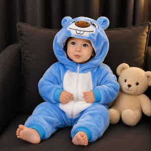 Blue animal character hooded winter fleece romper jumpsuit worn by child