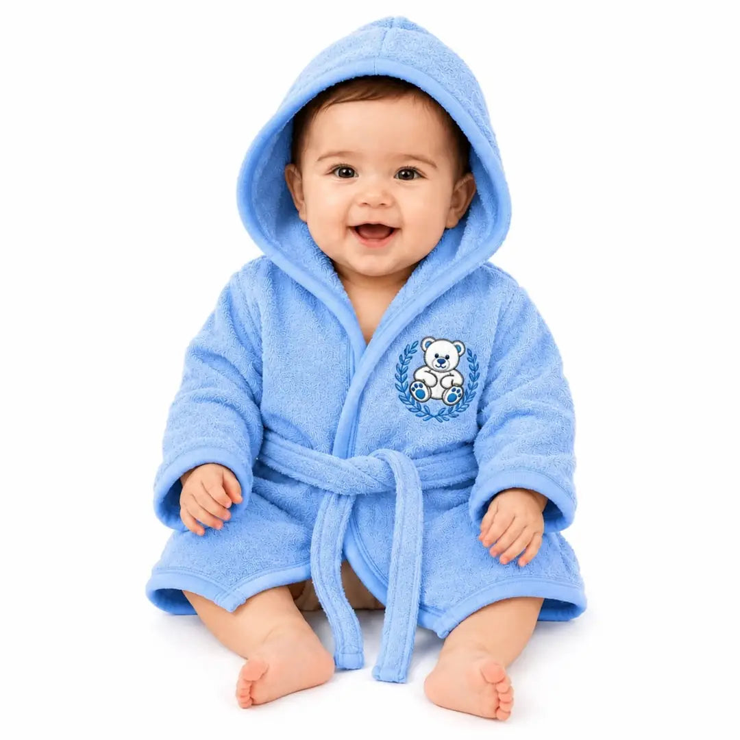 Blue baby hooded bathrobe with belt and teddy bear embroidery