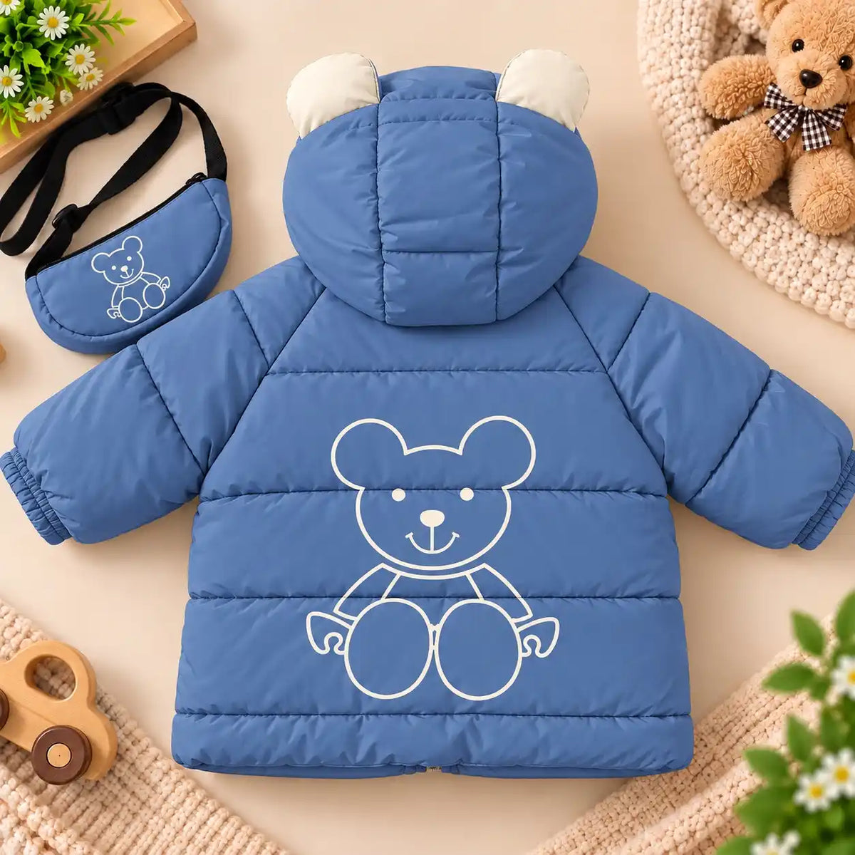 Hooded Parachute Puffer Winter Jacket Bear Design Back View – Blue