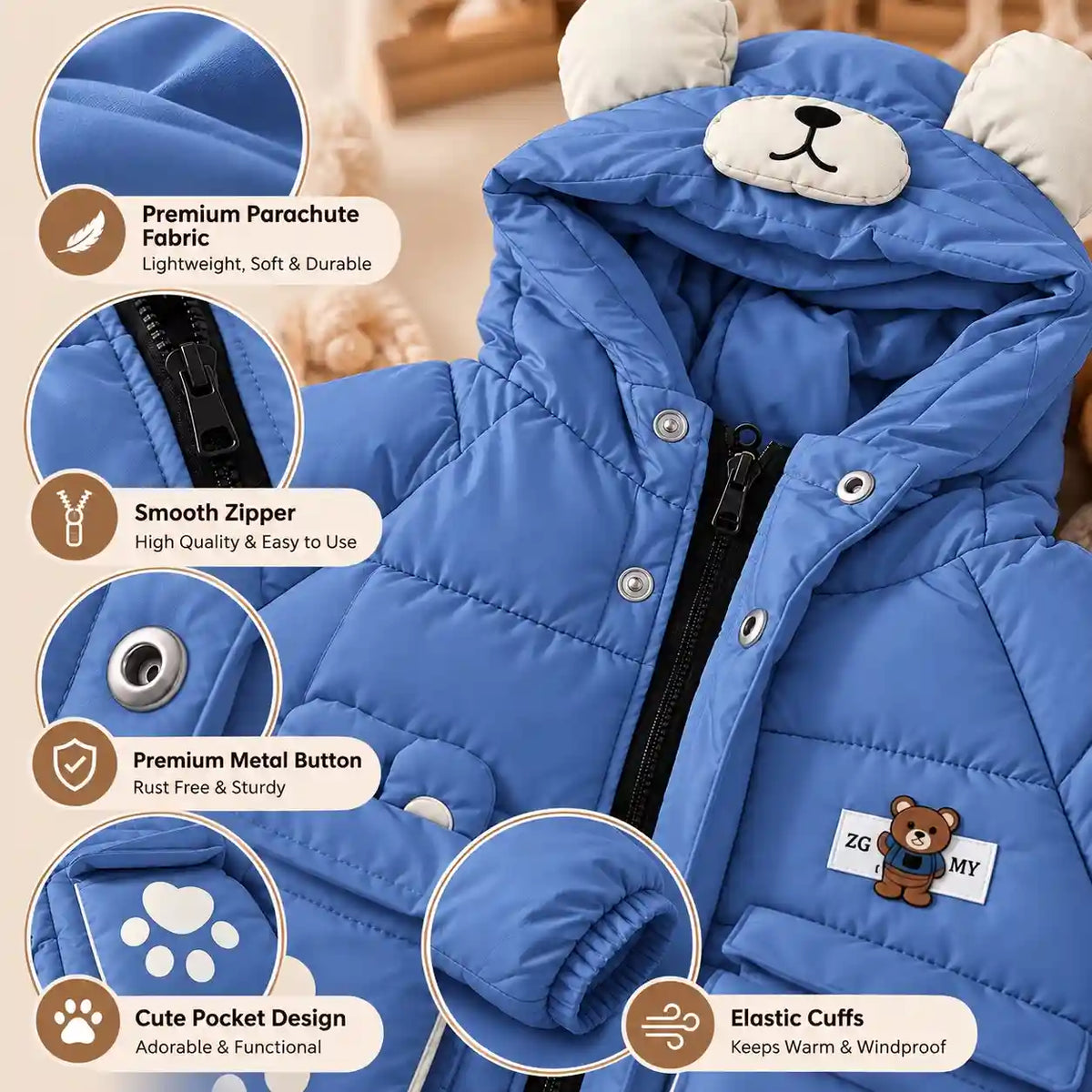 Hooded Parachute Puffer Winter Jacket Fabric, Zipper and Pocket Details – Blue