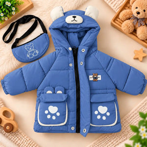 Hooded Parachute Puffer Winter Jacket with Bear Pockets – Blue Open Front View