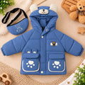 Hooded Parachute Puffer Winter Jacket with Bear Pockets – Blue Front View