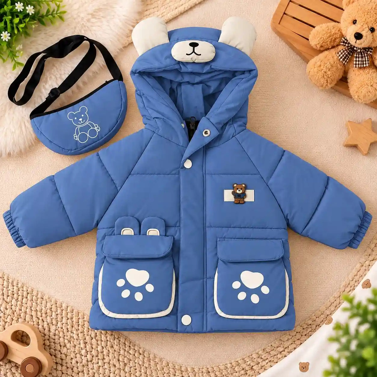 Hooded Parachute Puffer Winter Jacket with Bear Pockets – Blue Front View