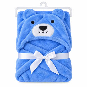 Blue bear hooded baby wrap blanket with hanger