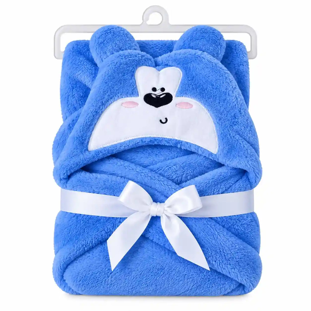 Blue bear hooded baby wrap blanket with hanger