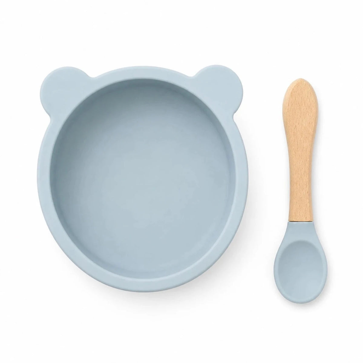 Blue bear-shaped baby silicone feeding bowl with wooden handle spoon