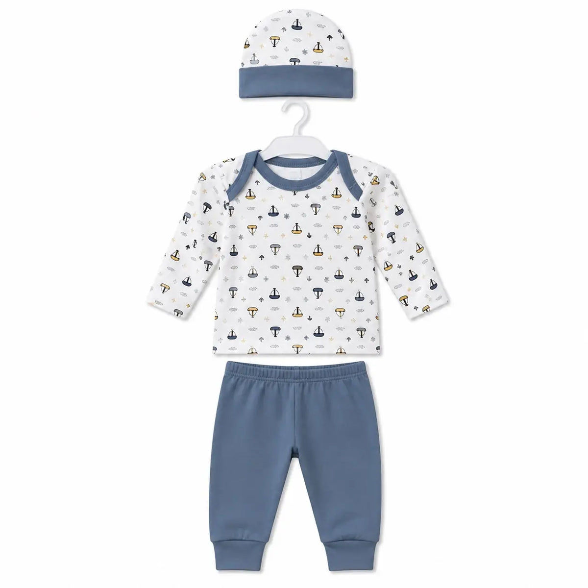 Blue grey baby 3 piece sailboat print clothing set with long sleeve printed shirt, matching pants and cap