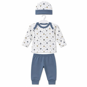 Blue grey baby 3 piece sailboat print clothing set with long sleeve printed shirt, matching pants and cap