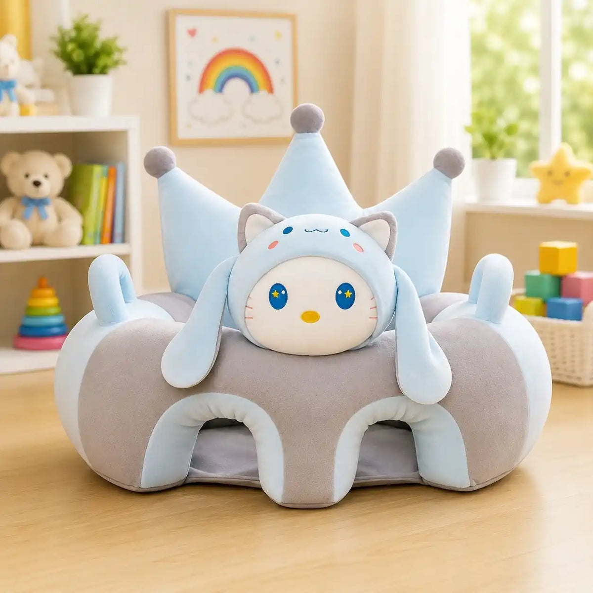 Blue and grey baby plush crown sitting support sofa seat with cute character face and soft velvet fabric