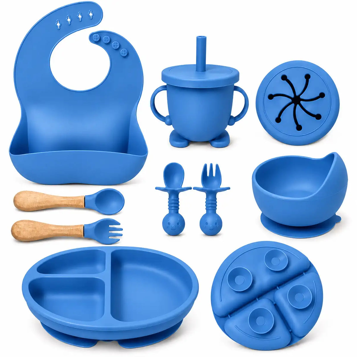 blue silicone baby feeding set with suction plate bowl and cup