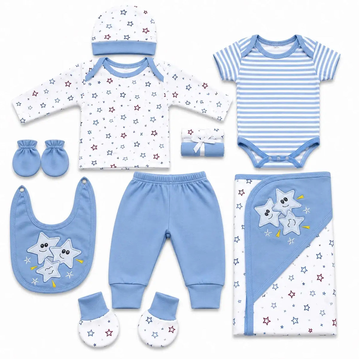 11 Pcs Newborn Baby Starter Set Blue Star Print with Baby Clothes, Bib, Cap, Mittens and Wrapping Sheet