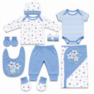 11 Pcs Newborn Baby Starter Set Blue Star Print with Baby Clothes, Bib, Cap, Mittens and Wrapping Sheet