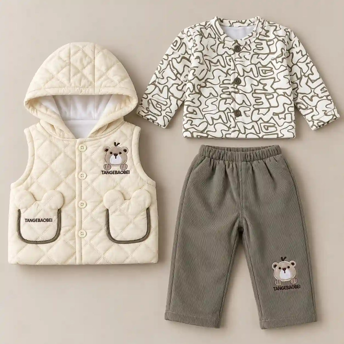 Boys 3 Piece Hooded Winter Vest Set Bear Design Cream in Pakistan