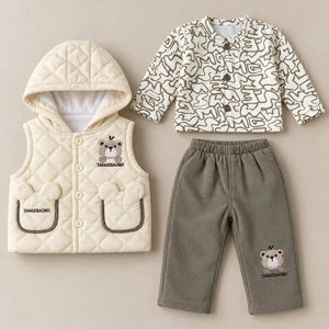 Boys 3 Piece Hooded Winter Vest Set Bear Design Cream in Pakistan