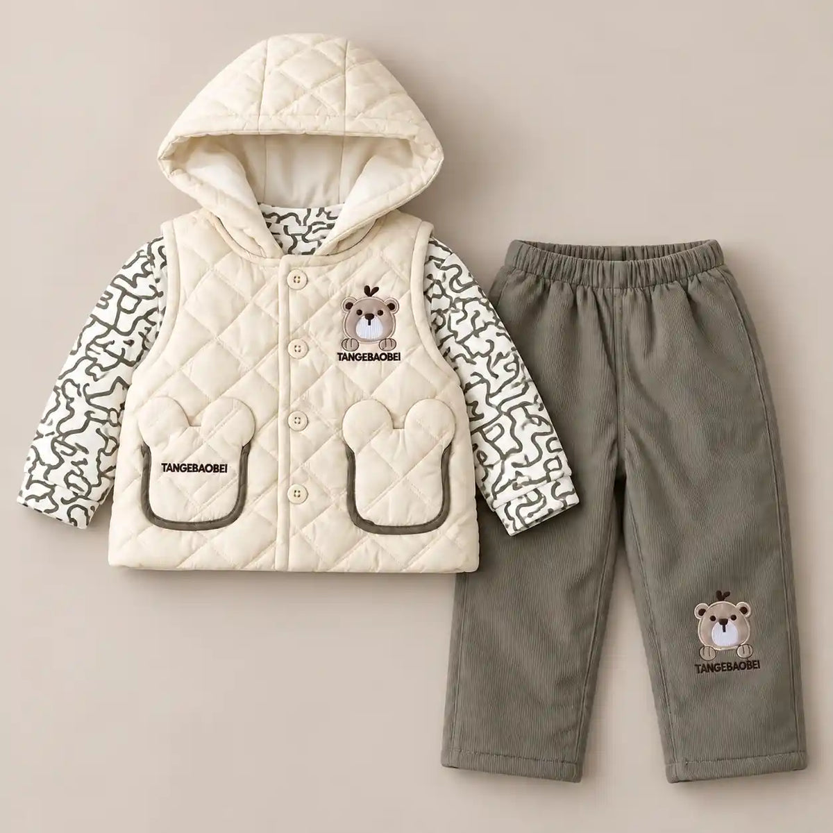 Cream Boys Quilted Hooded Vest with Printed Shirt and Grey Pajama