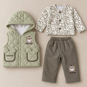 Boys 3 Piece Hooded Winter Vest Set Bear Design Sage Green in Pakistan