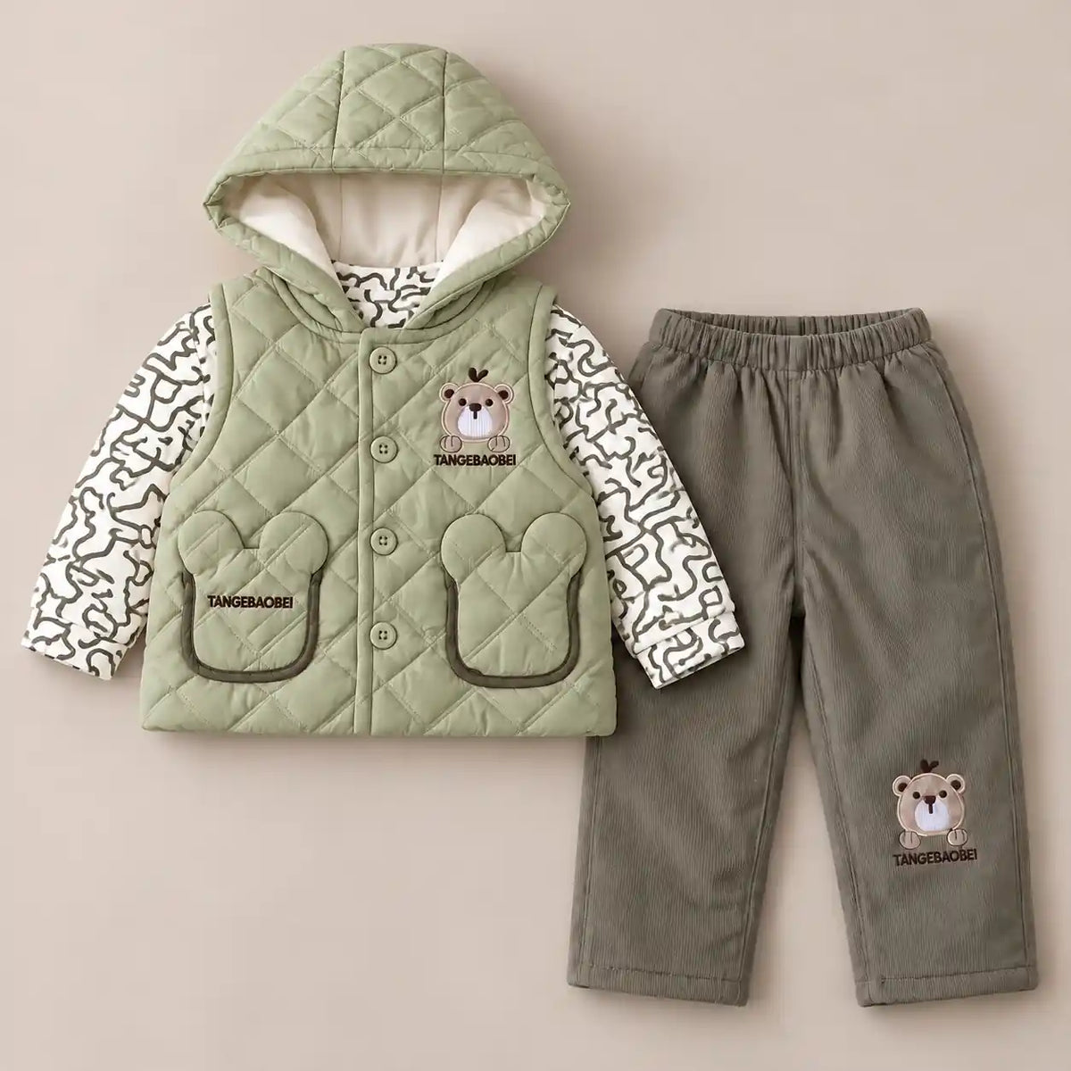 Sage Green Boys Quilted Hooded Vest with Shirt and Grey Pajama