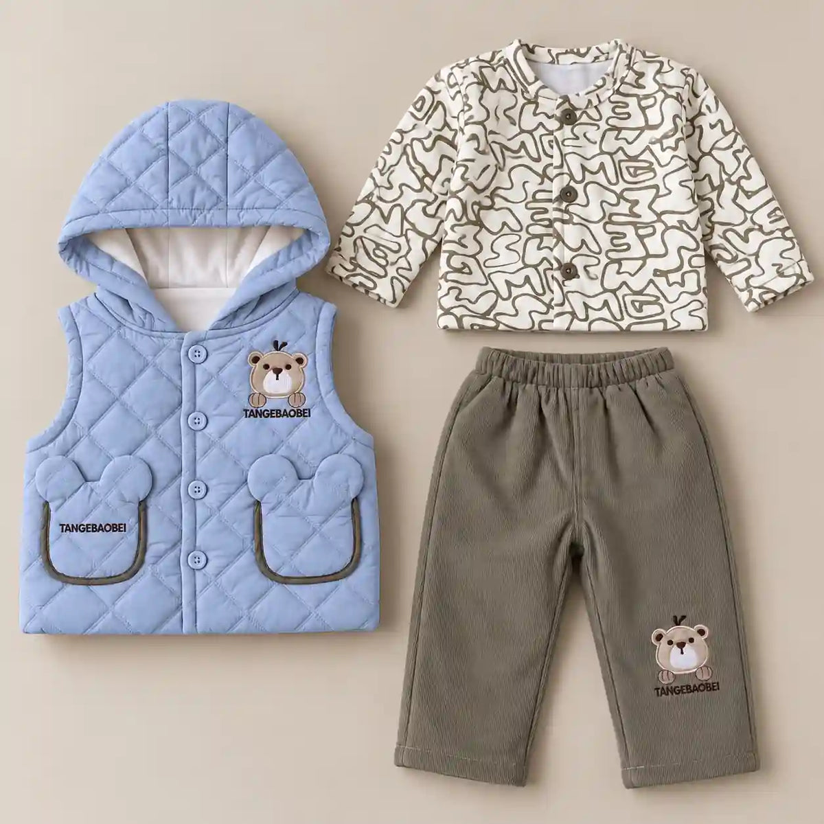 Boys 3 Piece Hooded Winter Vest Set Bear Design Blue in Pakistan