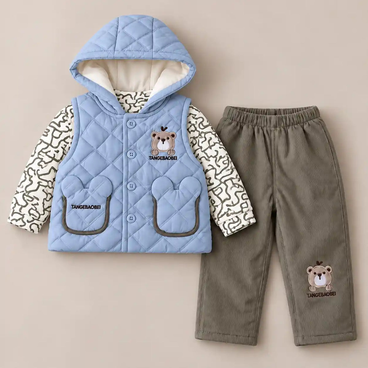Blue Boys Quilted Hooded Vest with Printed Shirt and Grey Pajama
