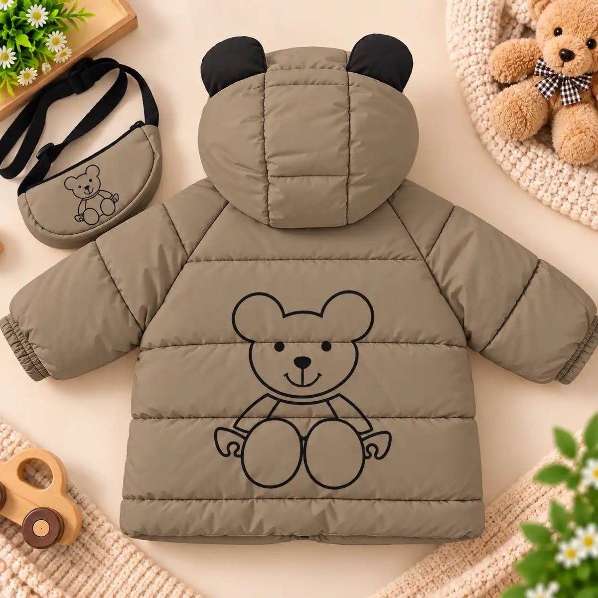 Hooded Parachute Puffer Winter Jacket Bear Design Back View – Khaki
