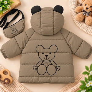 Hooded Parachute Puffer Winter Jacket Bear Design Back View – Khaki