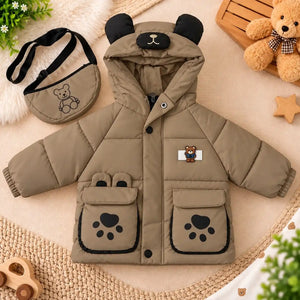 Hooded Parachute Puffer Winter Jacket with Bear Pockets – Khaki Front View