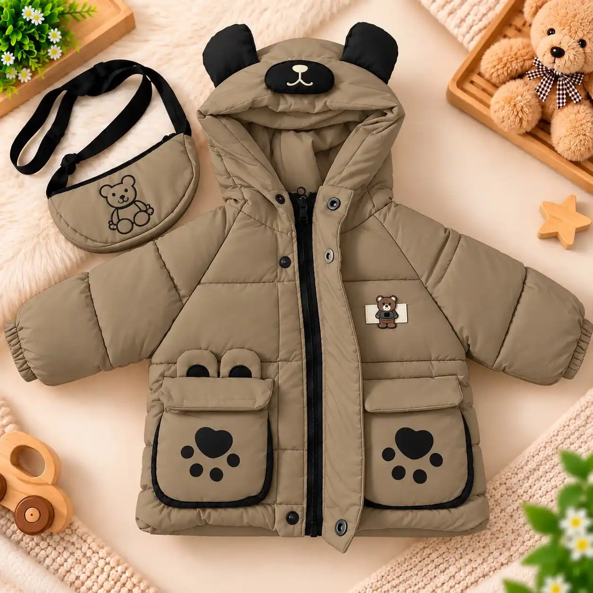 Hooded Parachute Puffer Winter Jacket with Bear Pockets – Khaki Open Front View