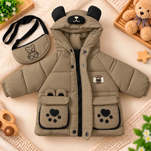 Hooded Parachute Puffer Winter Jacket with Bear Pockets – Khaki Open Front View