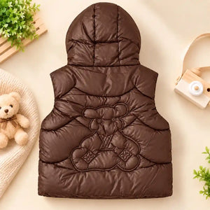 Coffee Kids Hooded Puffer Sando Jacket Back View with Bear Design