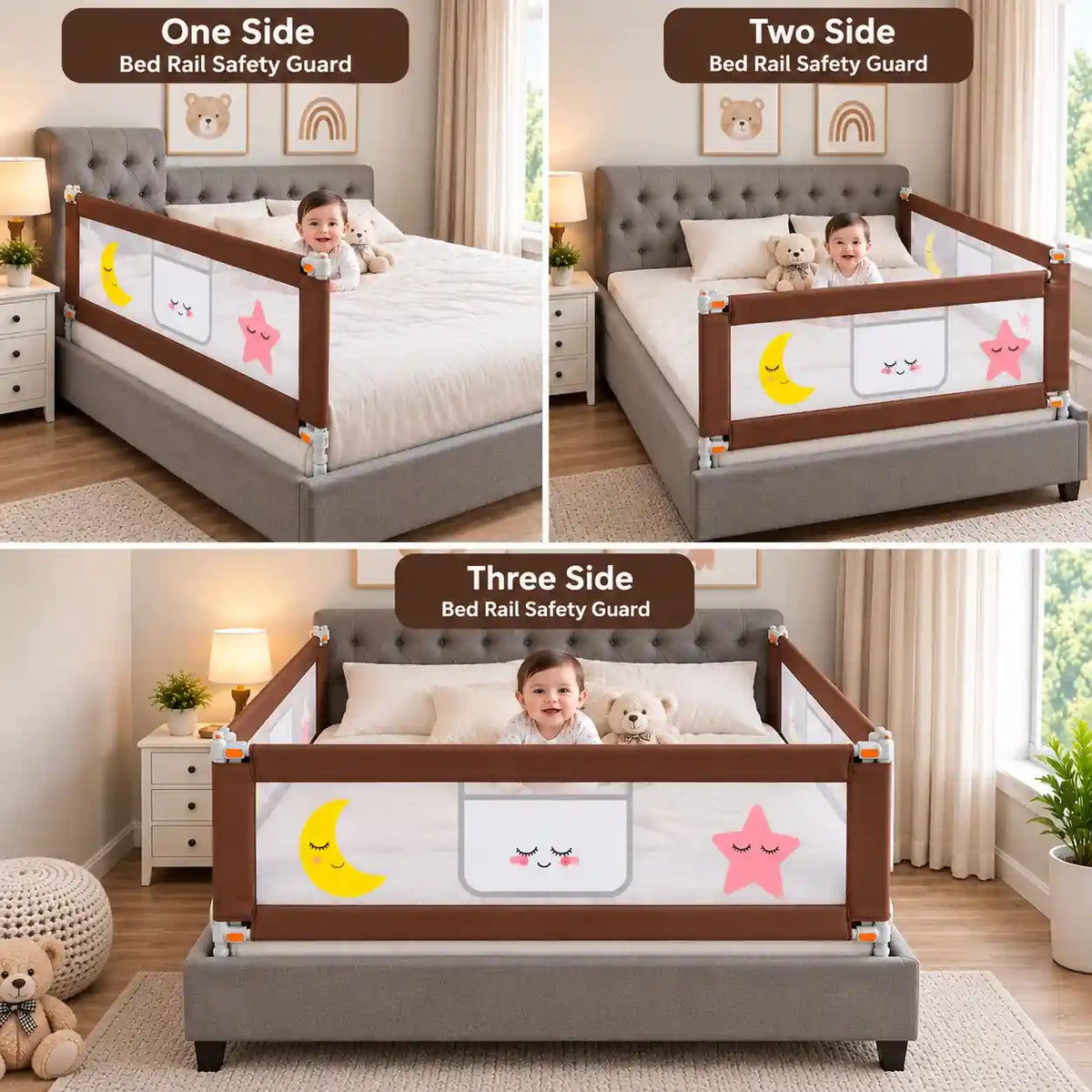 Brown baby bed rail safety guard showing one side, two side and three side bed protection setup