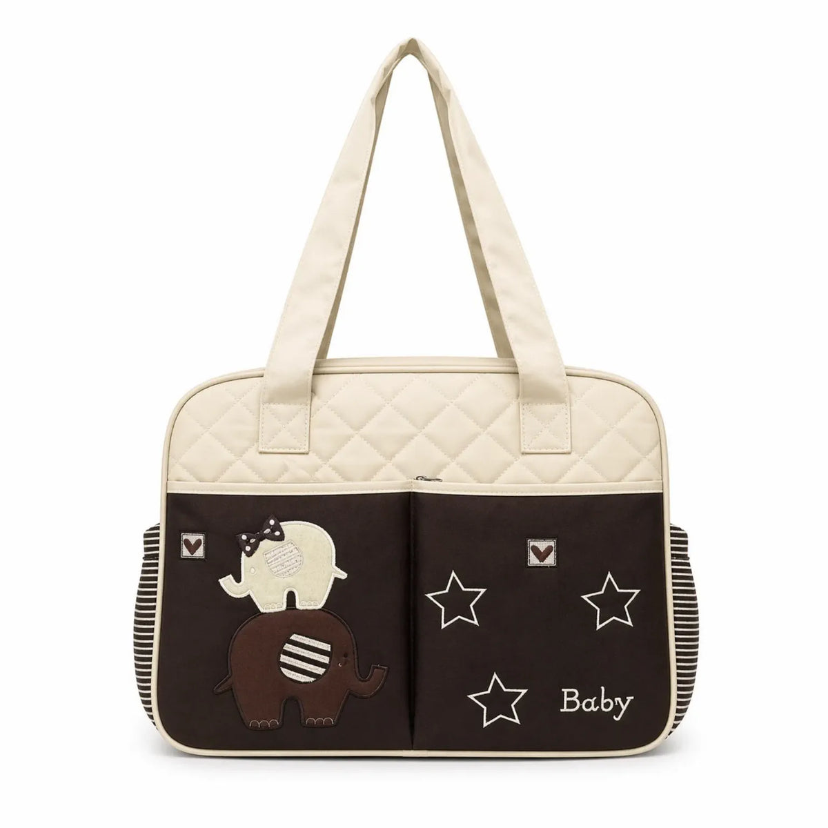 Brown baby diaper bag with animal print and matching changing sheet