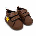 Side-angle view of brown baby prewalker shoes with adjustable dual straps