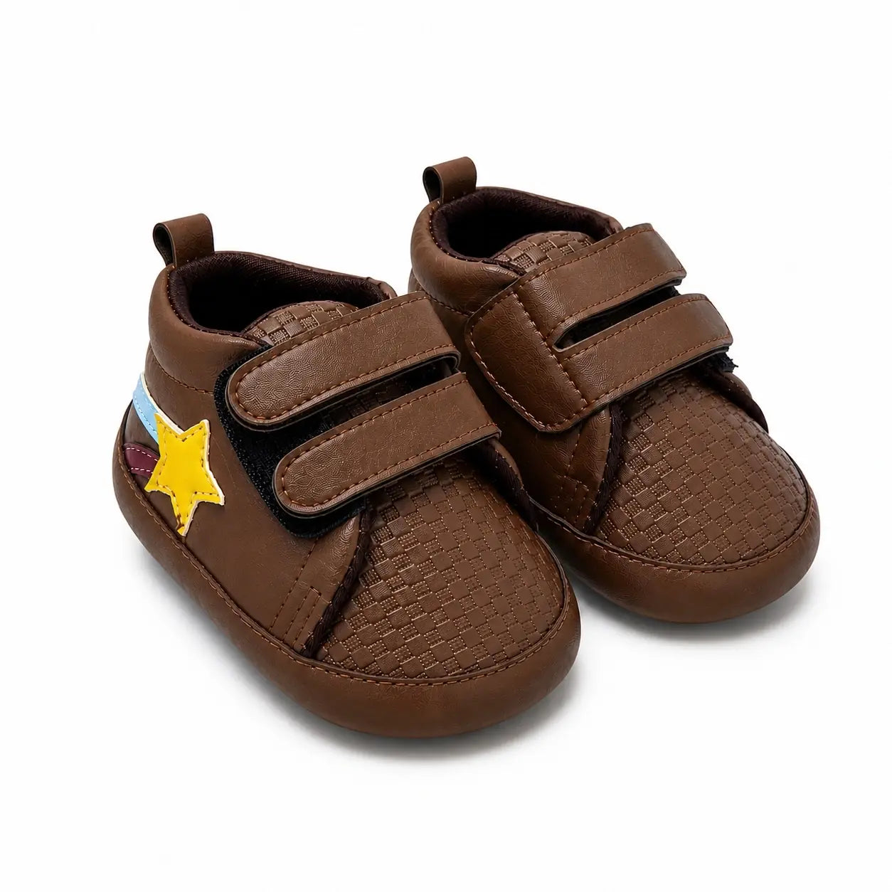 Side-angle view of brown baby prewalker shoes with adjustable dual straps
