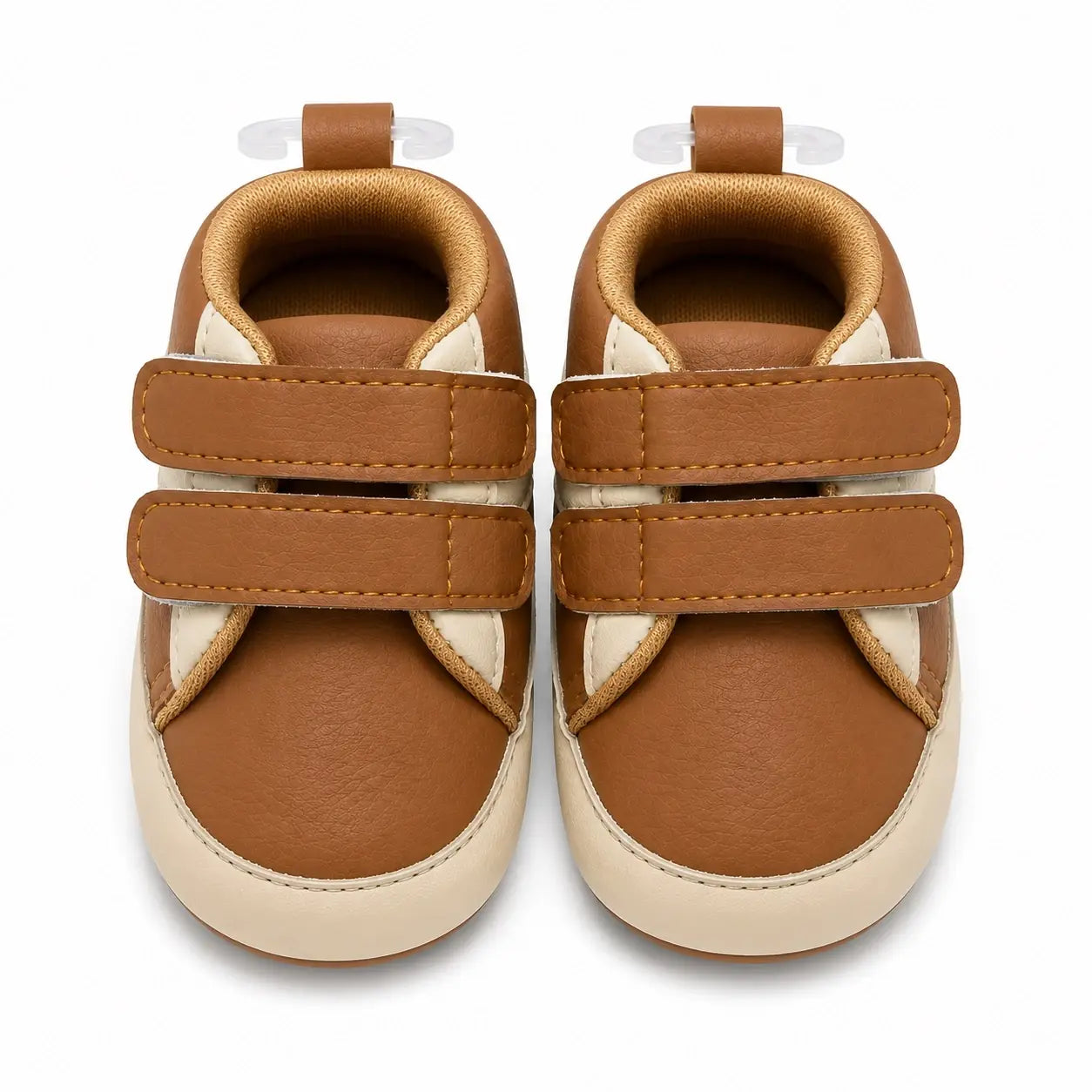 Front view of baby boys brown and cream soft sole double strap shoes