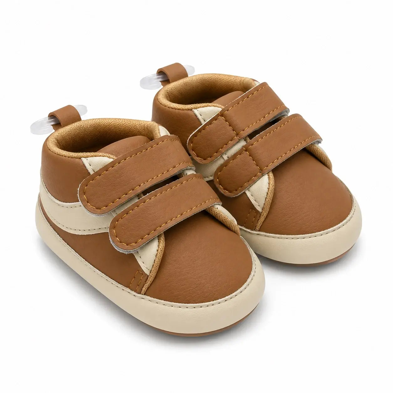 Front view of baby boys brown and cream soft sole double strap shoes