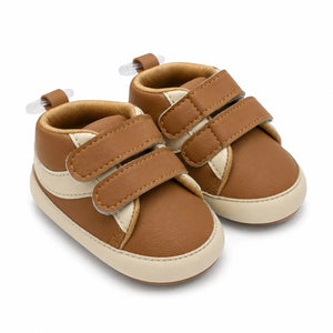 Front view of baby boys brown and cream soft sole double strap shoes