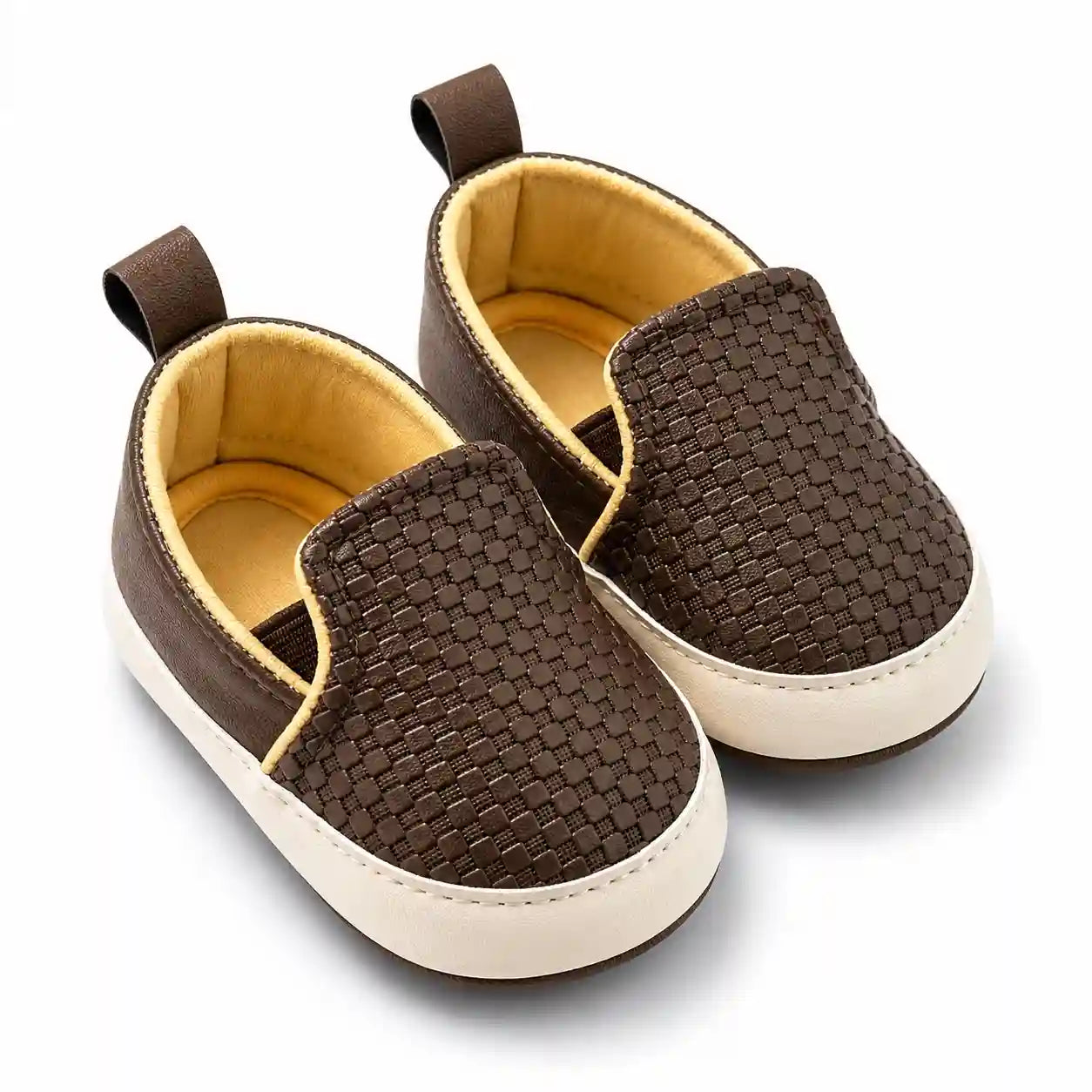 Brown textured casual baby shoes with cream soft sole angled view