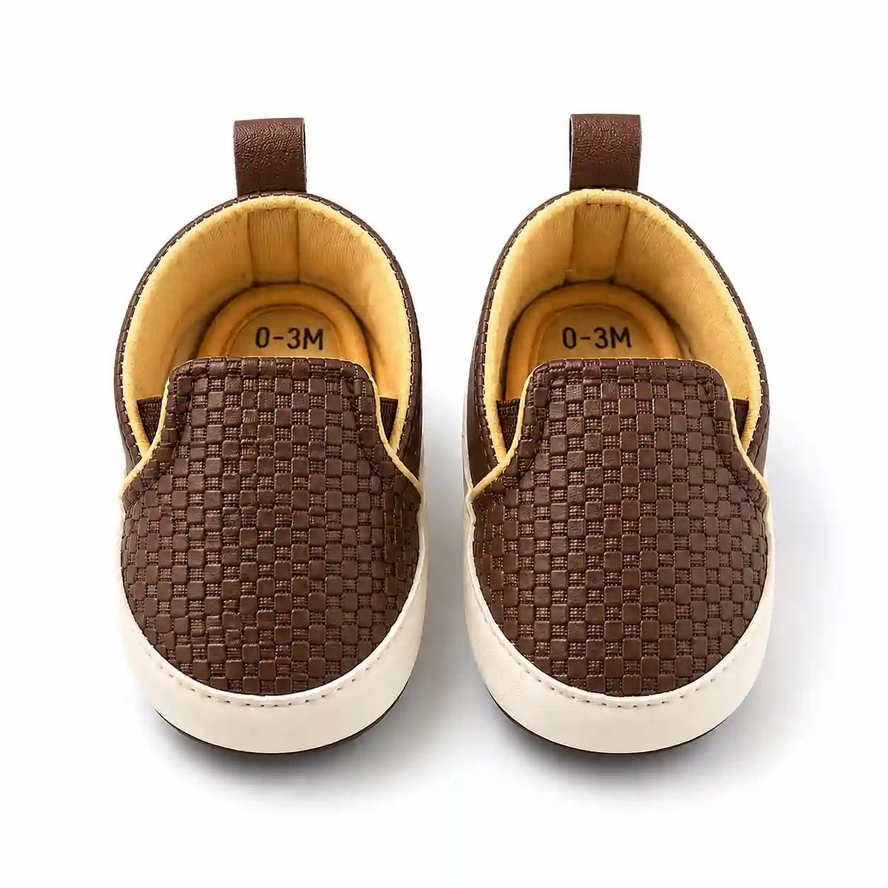 Brown textured casual baby shoes with soft inner lining front view